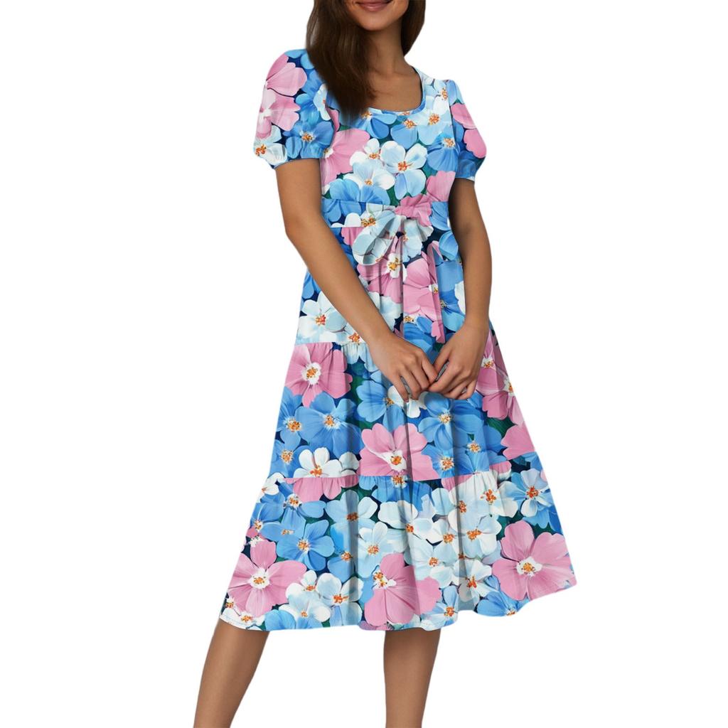 Women's Summer Floral Print Short Sleeves Neck Waistband Bohemian Flowy Maxi Dress With Pockets