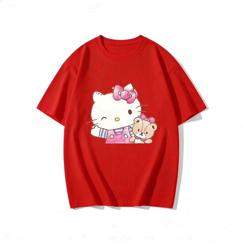 2026 New Hello Kitty Teddy Bear Watercolor Cartoon Print Tshirt Family Matching Outfits Casual Short Sleeve Tee Women Unisex Kids