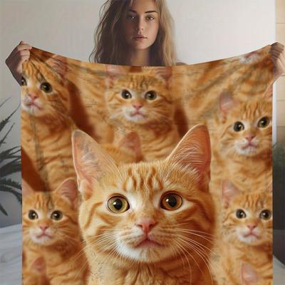Cozy Golden Cats Print Flannel Blanket - Soft Warm All-Season Polyester Knit Fabric with Adorable Orange Kitten Design