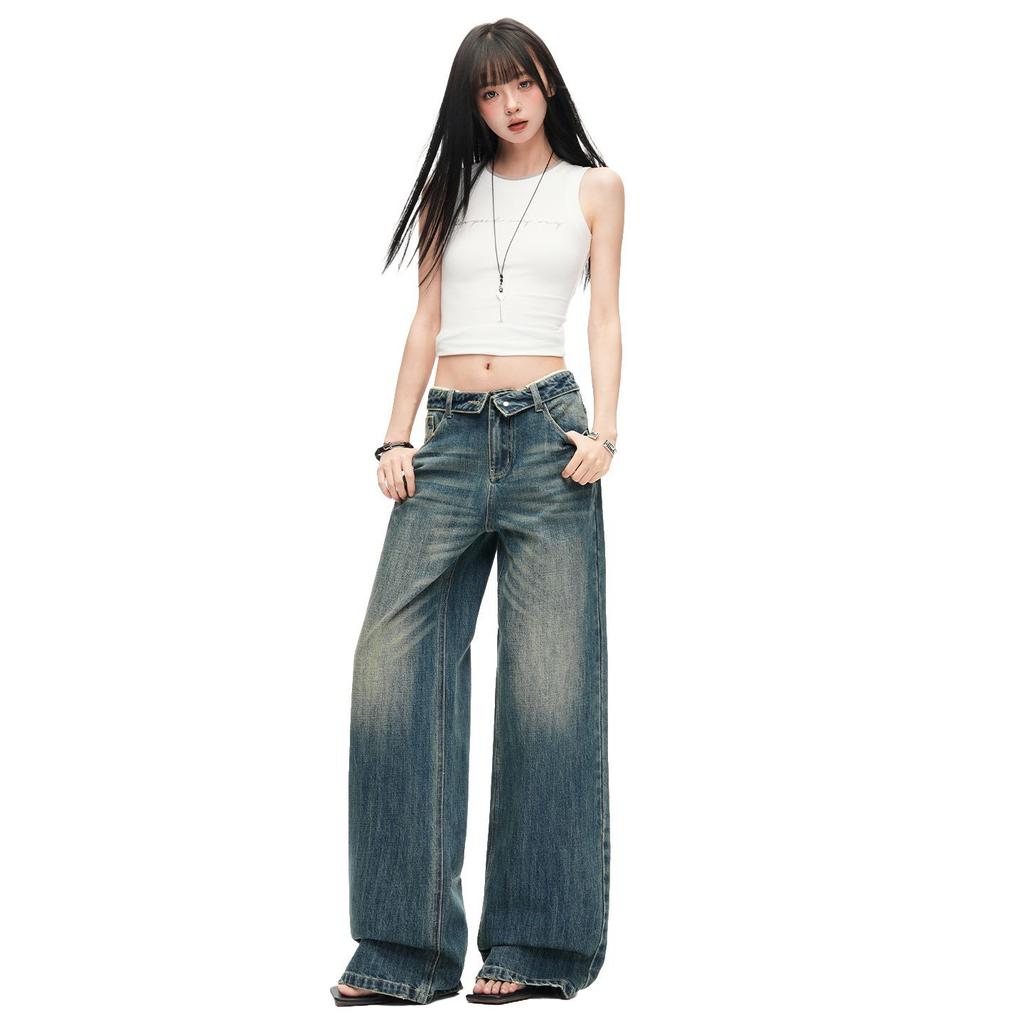 Trendy Vintage Cuffed Waist Relaxed Straight Wide Leg Comfy Denim Pants For Ladies Spring Summer Casual Pants Oversize Denim Trousers