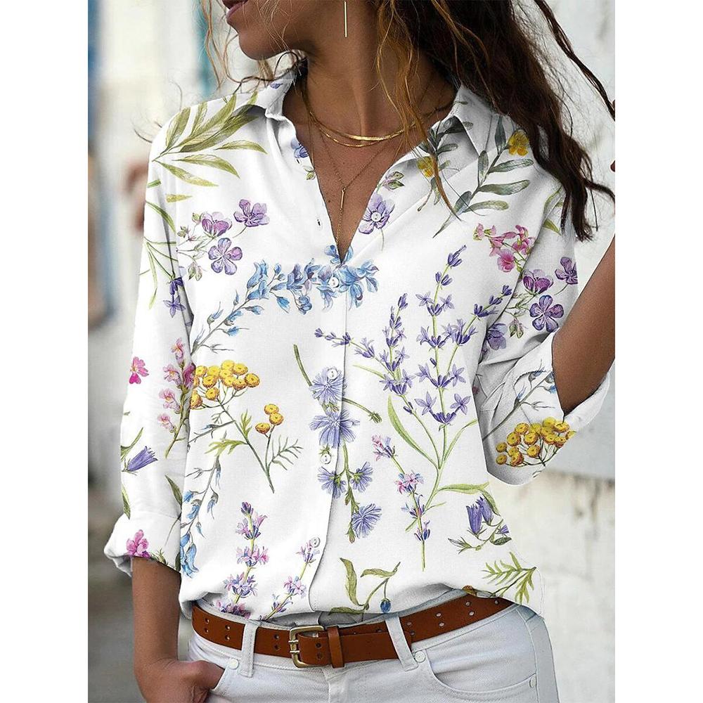 Autumn Women's Flower Print Shirt Fashion Button Top Slim Fit Comfortable Women's Button V-neck Casual Long Sleeve Shirt