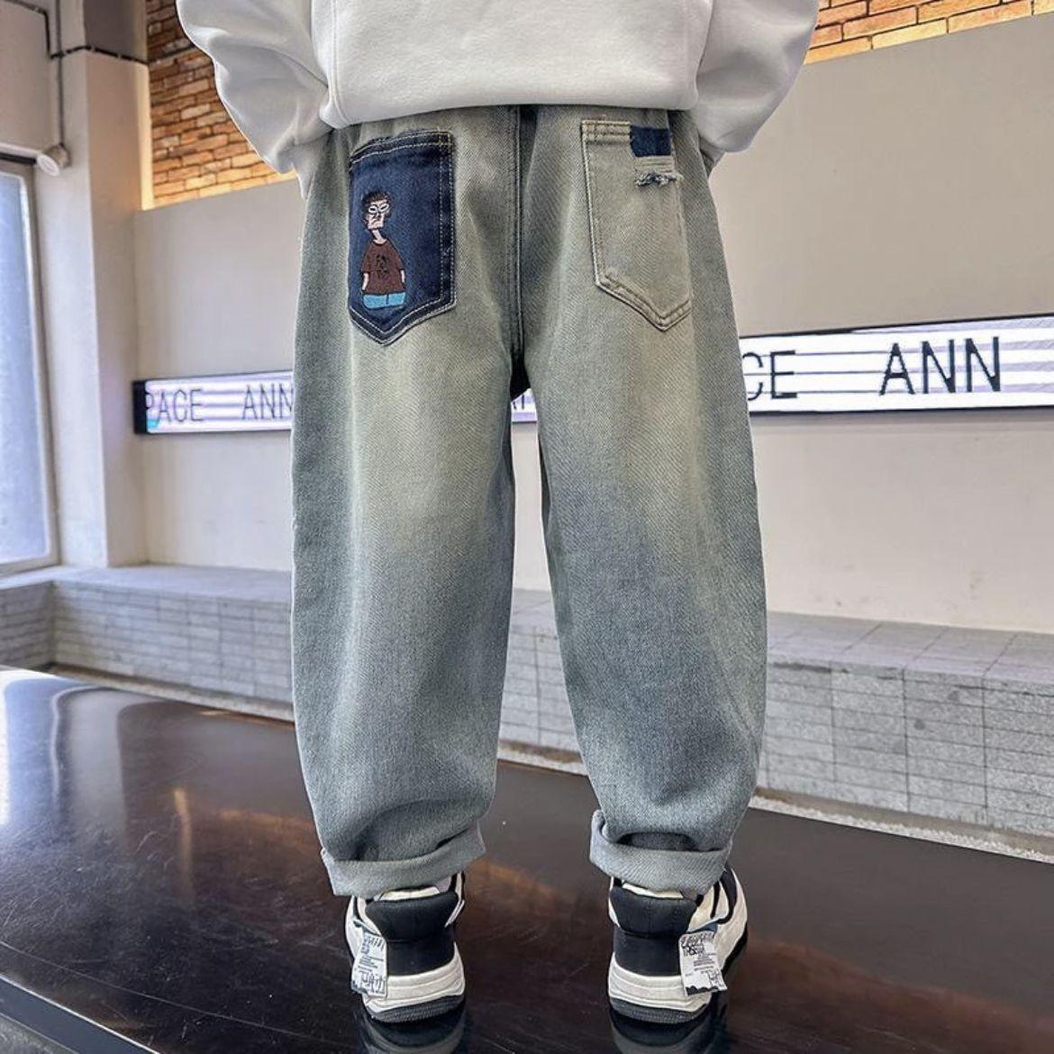 

Джинсы для мальчиков на весну и осень Детские корейские повседневные свободные брюки Тренд 150