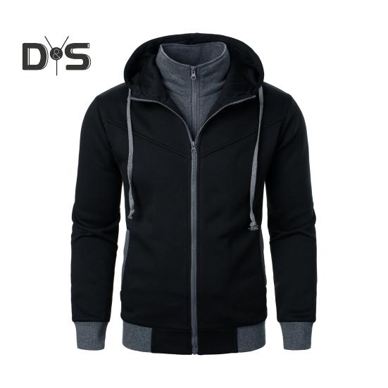 

Мужское осенне-зимнее пальто с капюшоном и двойными карманами, застежка-молния, цветная блоковая имитация двухкомпонентной спортивной куртки с эластичными манжетами и подолом для фитнеса L чёрный