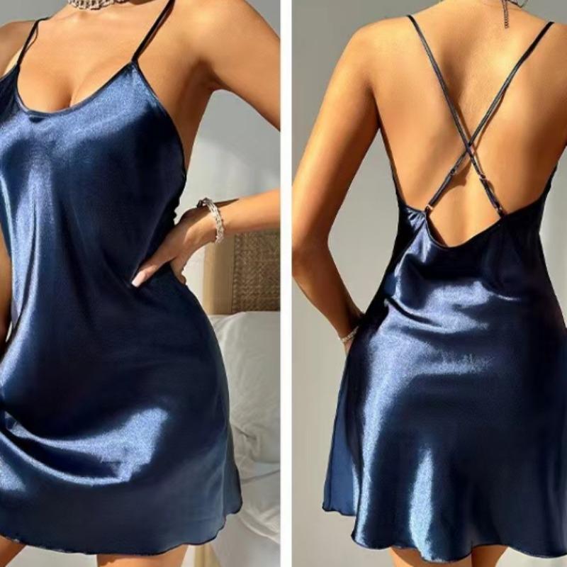 Pijamale noi de damă din mătase, culoare uni, sexy, rochie furou simplă cu gât rotund, cămașă de noapte casual simplă pentru femei