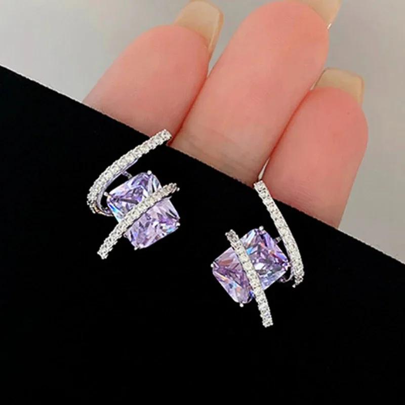 Gorgeous Purple Cubic Zirconia Stud Earrings For Women Newly Designed Bridal Wedding Accessories Aesthetic Jewelry