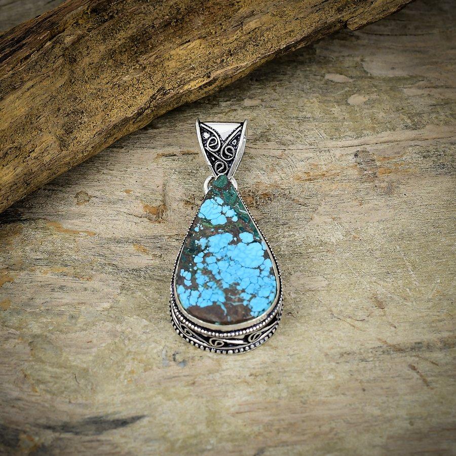 Tibetan Turquoise Gemstone 925 Sterling Silver Jewelry Pendant 2.25" M-32