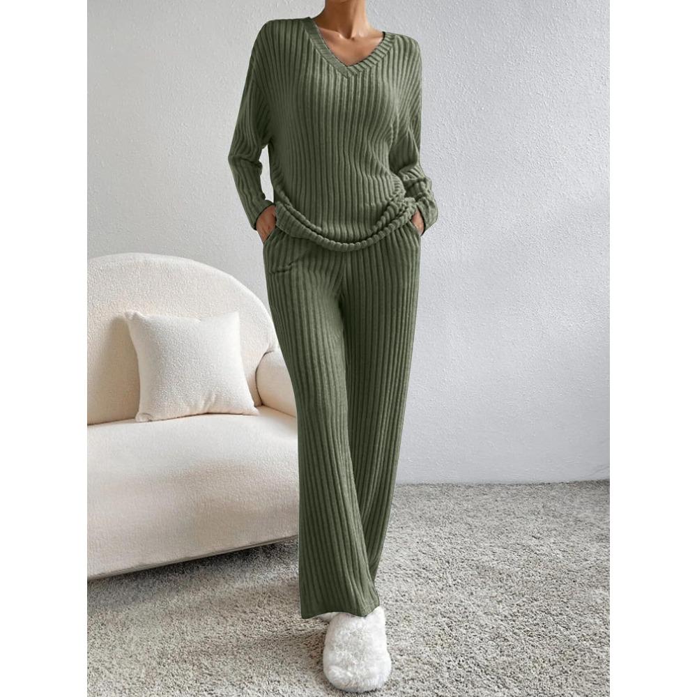 Women's Loose Knit Loungewear Set Long Sleeve V Neck Top Elastic Waist Wide Leg Pants