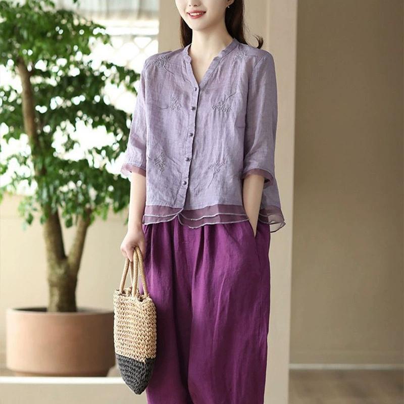 Women s Floral-Embroidered Blouse Plus Size Spring/Summer Stroll Poetry Linen Tote for Nature-Infused Styling XS фиолетовый