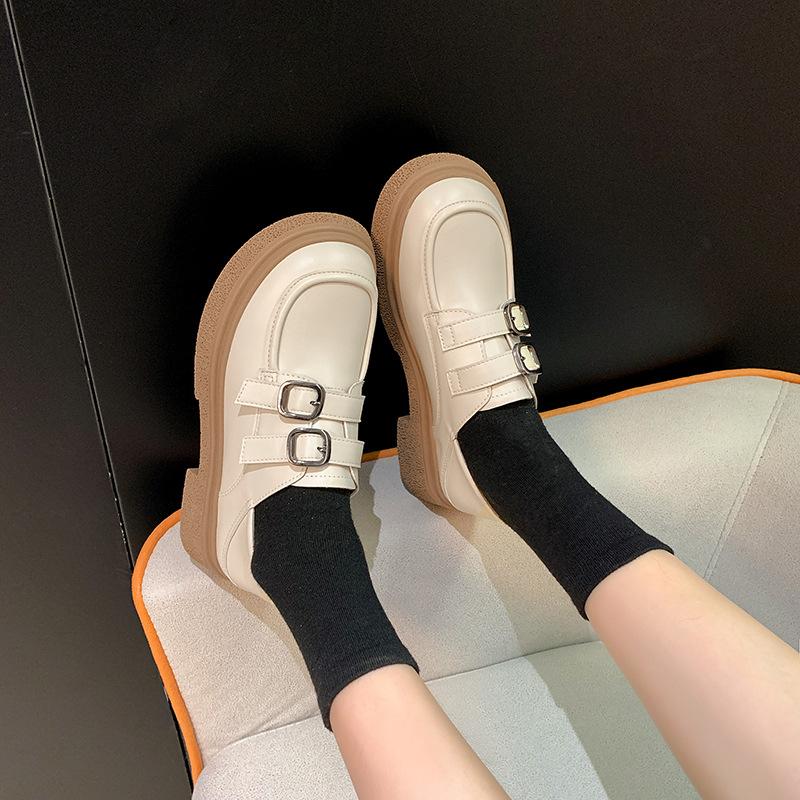 Leather platform loafers women's 2025 new round head retro soft leather single shoes double buckle with British style small leather shoes