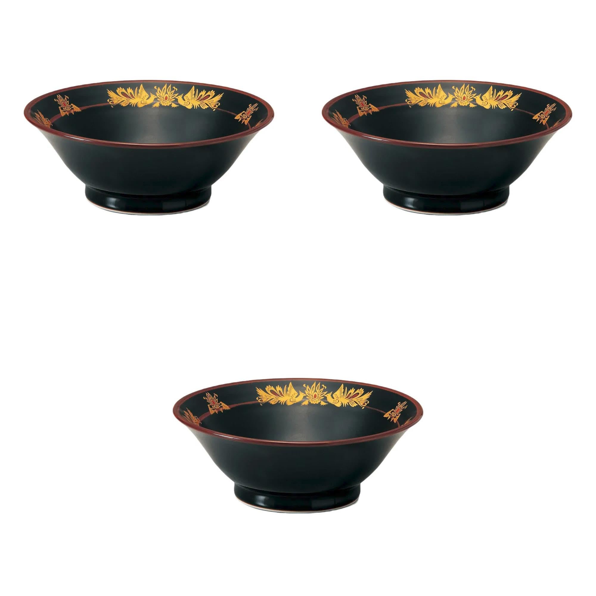 

Set of 3 Tenmoku Kinpo Bowls x 8cm Ramen Bowls by Setomonohonpo 7.0 High-Based [21.7 (1200cc)]