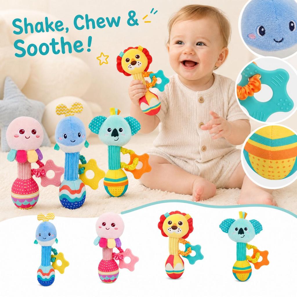 Chewable Baby Hand Rattle and Teether with Grasping Stick for and Infant Comfort Toy