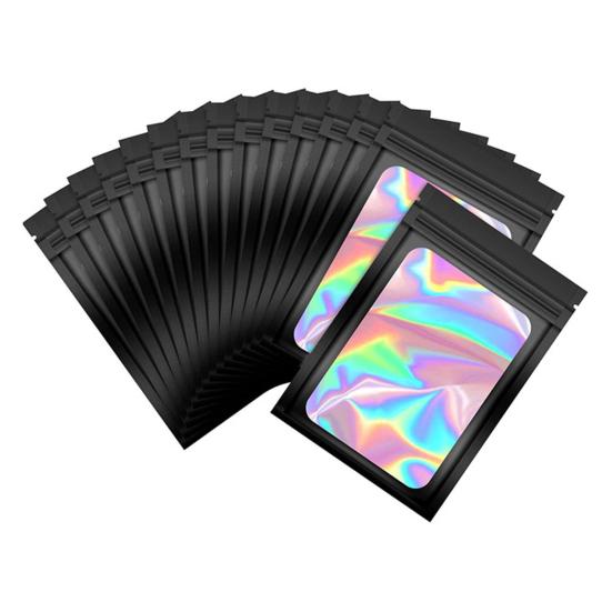 100 ks Samolepicí sáčky Víceúčelové Přenosné Holografické Balicí sáčky Uzavíratelné Sáčky z hliníkové fólie proti zápachu Zipové sáčky s průhledným okénkem