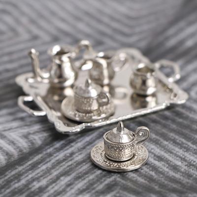 10 Stücke 1/12 Puppenhaus Miniatur Silber Metall Tee Kaffee Tablett Geschirr Set