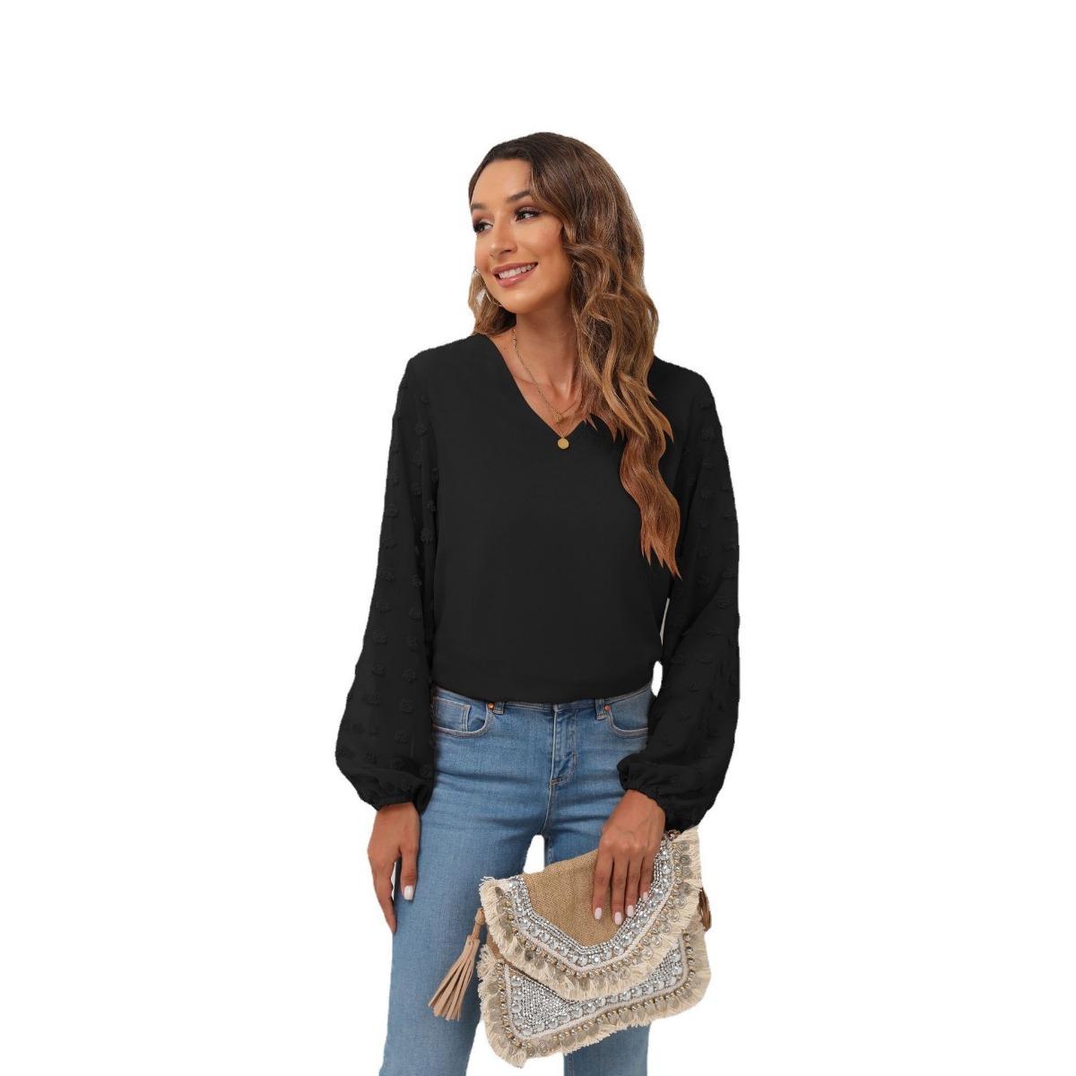 

Spring Summer New Women s Blouse, V Neck Patchwork Long Sleeve Chiffon Top With Lining, European American Style Casual Ladies Tops XXL чорний