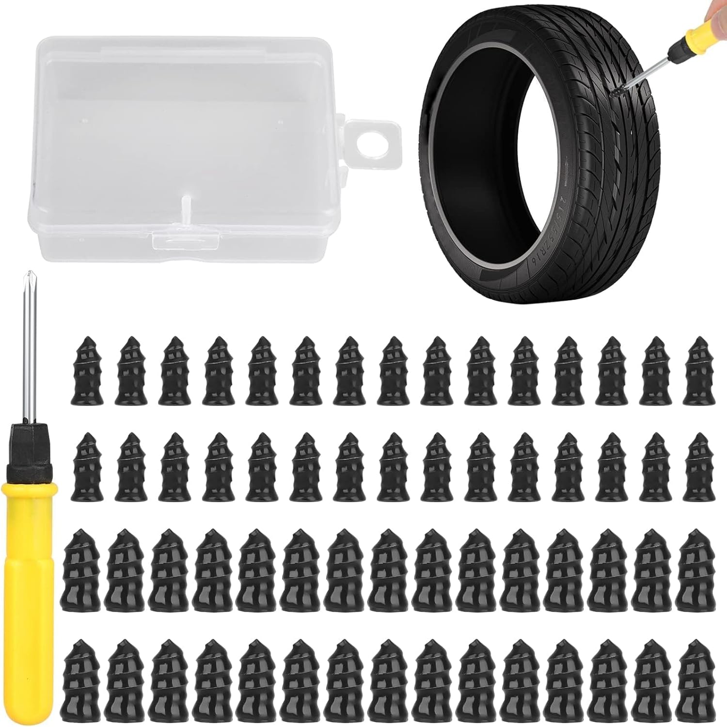 Linkstyle 60PCS Tire Plug Kit, Tire Repair Rubber Nails, Vacuum Tyre Repair Screws Fast Repair Kit With A Box, Screwdriver, For Car Motorcycle Truck