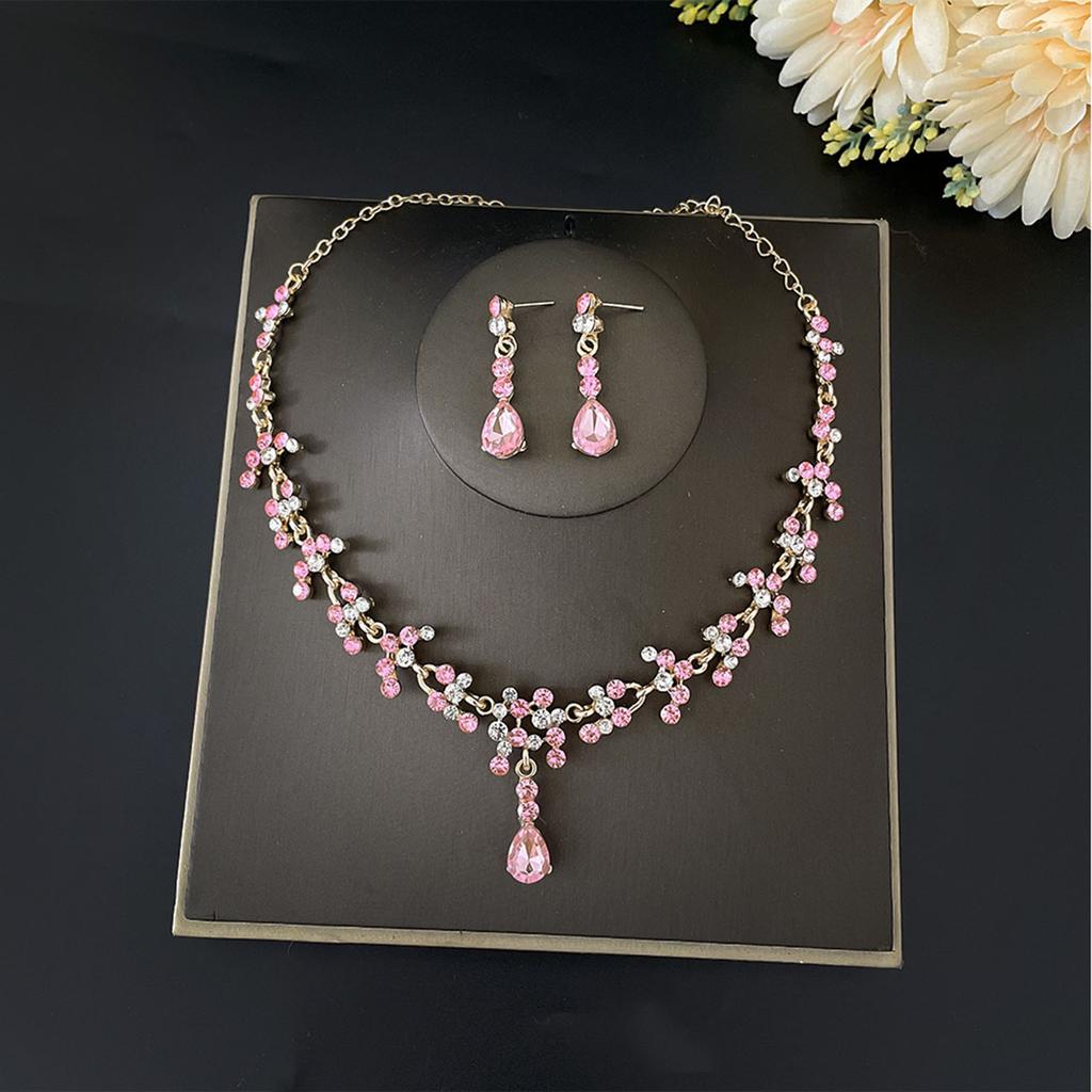 Women's 2 Pcs Jewelries Set with Rhinestones Elegant Purple/Pink Hanging Necklaces Drop Earrings for Bridesmaid Wedding Ball Party
