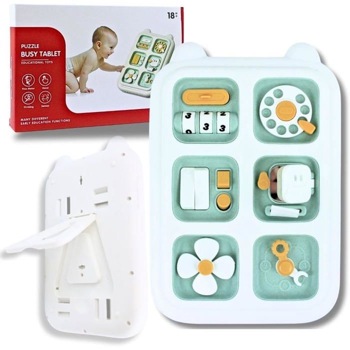 Busy Board Montessori - HELLO HIPPO - Tablette d’Activités - 22x15 cm - Éveil Sensoriel - Motricité Fine