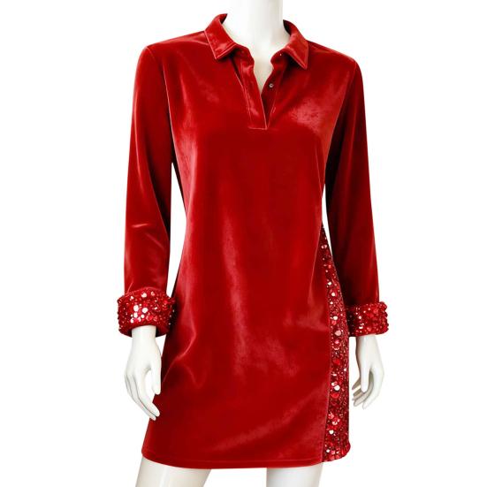 Women's Velvet Sequin Dress Long Sleeve V Neck Collared Wedding Guest Mini Dress Sparkly Cocktail Prom Party Dress