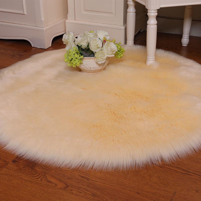 Nordic Style Faux Wool Round Plush Rug - White Solid Color Carpet for Room 