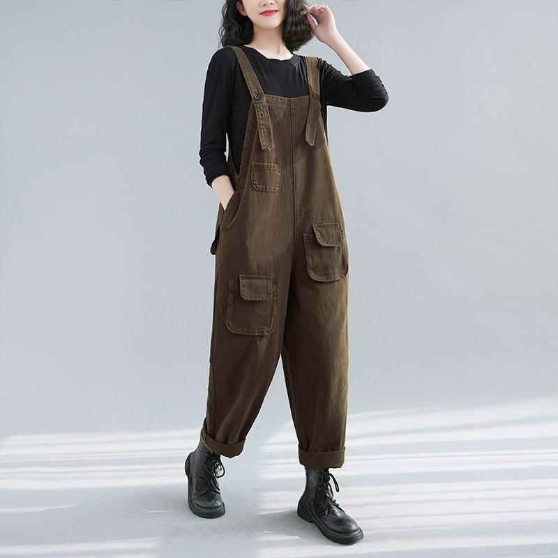 Autumn Literature and Art Large Size Loose and Thin Dark Denim Overalls Women's Harem Pants