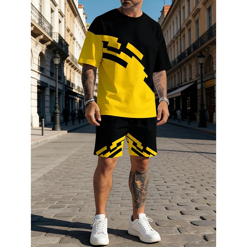 Summer Men's Round Neck Short Sleeved Set Personality Creativity 3D Printing Fashionable Comfortable Breathable Loose Casual Large Size Sports Wear