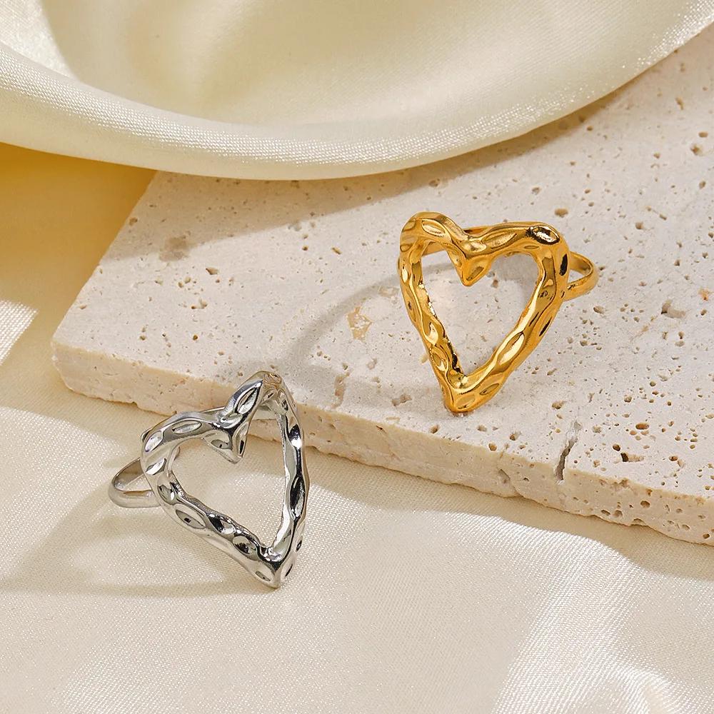 1PC Heart Stainless Steel Ring For Women Irregular Adjustable Gold Color Opening Rings Girls Fashion Party Waterproof Jewelry