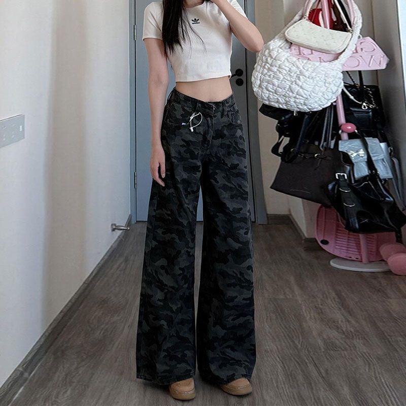 Camouflage Wide-Leg Jeans Women Big Yard Retro Pear-Shaped Body High Waisted Loose Skinny Straight Trousers Jeans for Women Long Denim Pants