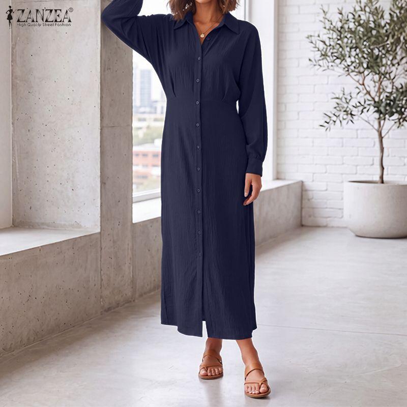 ZANZEA Women Turn Down Collar Long Sleeve Bandage Waist Casual Elegant Shirts Dress