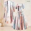 Women Plus Size Printed Two Piece Set Square Neck Short Sleeve Tie Waist Flared Dress 3 4 Sleeve Open Cardigan