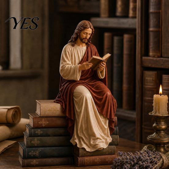 Reading Virgin Mary Figurine for Bookshelf, Resin Jesus Statue Shelf Faith-Based Home Decor Sitter, Decorative Sculpture Office, Gift Book Lovers