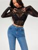 Spring and Summer Women's Small Standing Collar Long-sleeved Mesh Transparent Sequins Decorated T-shirt Tops for Women Versatile Fashion Shirt