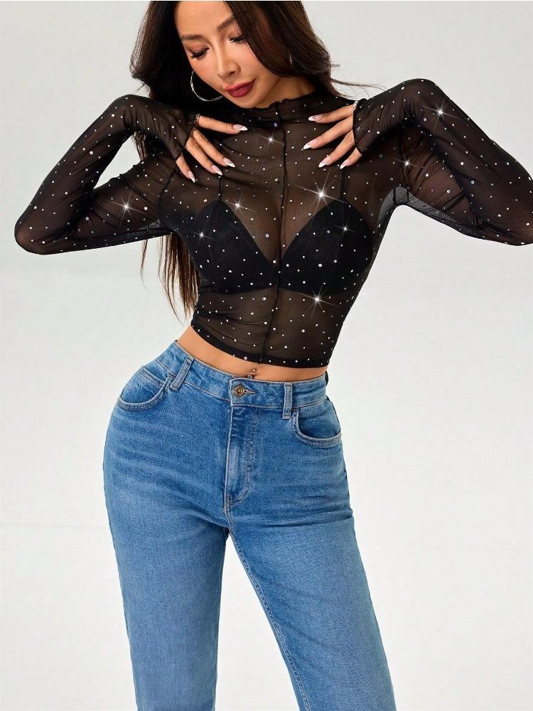Spring and Summer Women's Small Standing Collar Long-sleeved Mesh Transparent Sequins Decorated T-shirt Tops for Women Versatile Fashion Shirt