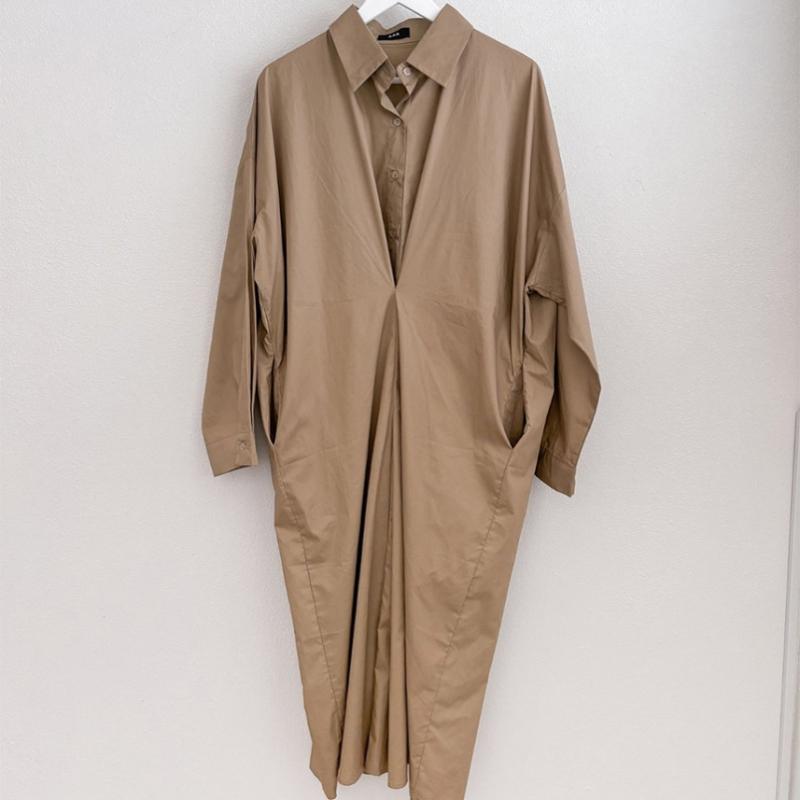 Shop   Shirt Collar Front Dart Pleated Long Dress Beige Ara Wdr 3859