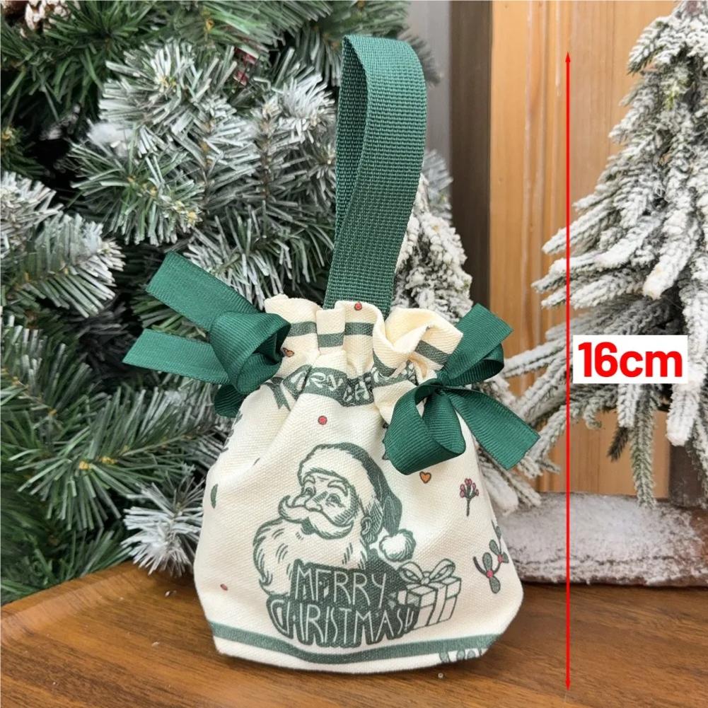 Christmas Canvas Drawstring Bag Christmas Candy Gift Packaging Bag Cartoon Handbag for Apple DIY New Year Xmas Home Party Supply