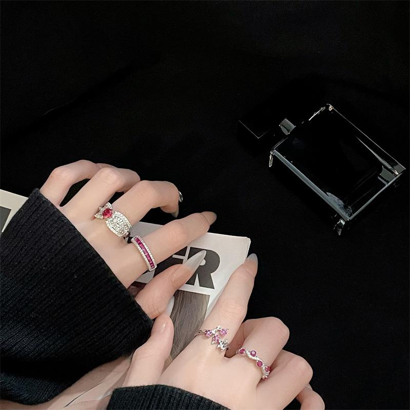 Rose Red Super Flash Zircon Series Open Ring, High-End Light Luxury Niche Design, Exquisite Fashion Ring Woman