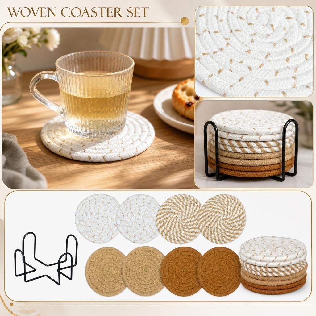 8 Piece Braided Cotton Coaster Set for Home Office Tabletop Protection Absorbent Round Coasters for Drinks Mugs Cups