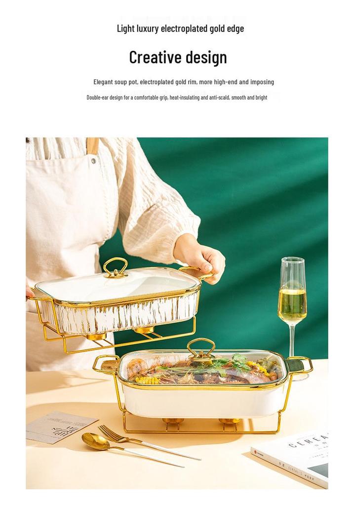 Luxury Ceramic Tableware Set: Rectangular Baking Pan, Casserole Stand, Candle-Heated Soup & Dry Pot