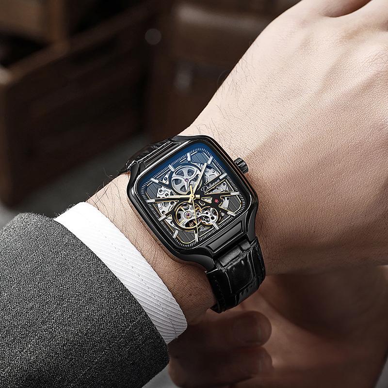 Dulunwe Mechanische Herrenuhr mit quadratischem Zifferblatt, wasserdicht, automatisch, Skelett, Geschenkuhr, leuchtend, lässig, Sportuhr, Herren-Business-Uhr