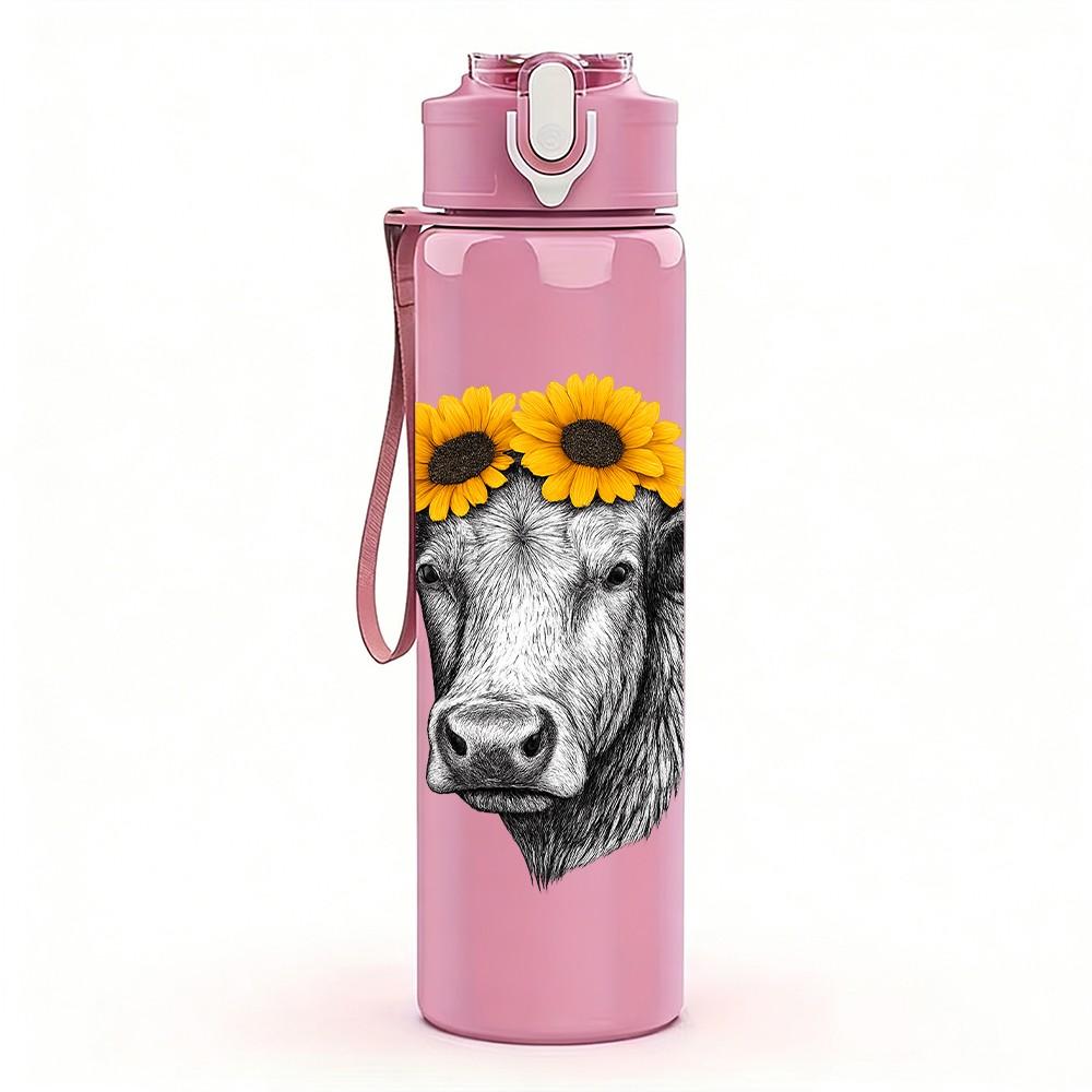1PC Cow Head Sunflower Design 750ml Color Plastic Sports Water Bottle Leakproof Flip Straw Lid Suitable for Sports Office Home Use