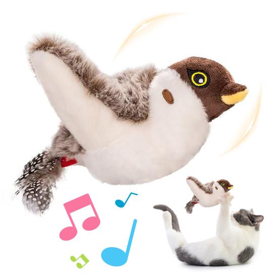 Interactive Flapping Wings Cat Toy Touch Activate Electric Flying Birds Toy with Chirping Sounds Indoor Hanging Simulation Plush Sparrow