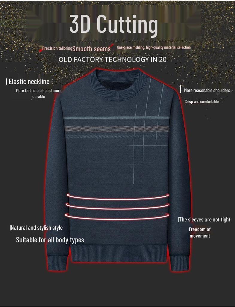 Gestreifter Winterpullover für Herren mit Fleecefutter - Rundhalsausschnitt, Dick & Warm, Gestrickte Basis