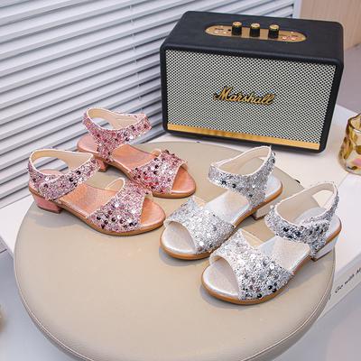 Kids Sandals Sweet for Girls Dance Performance Shoes Wedding High Heels 2025 Summer New Children Princess Shoes Peep Top Chic