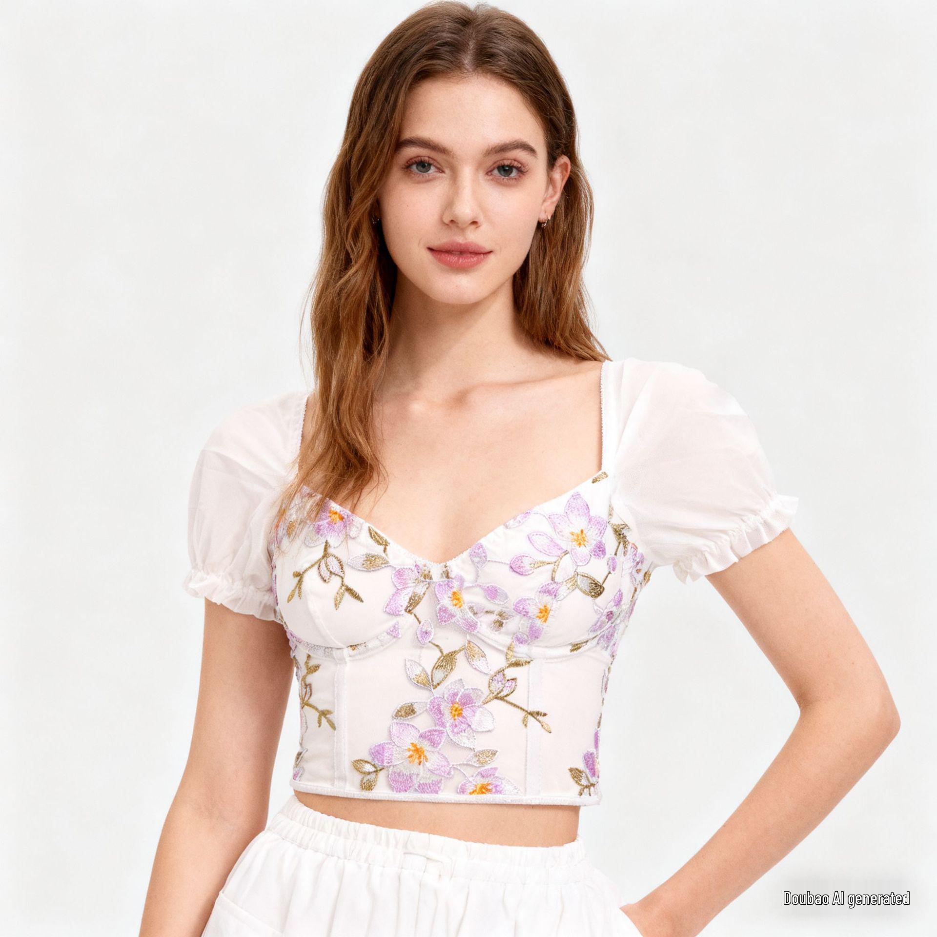 Французский вышитый укороченный топ с пышными рукавами и цветочным принтом, на косточках, с кружевной отделкой M
