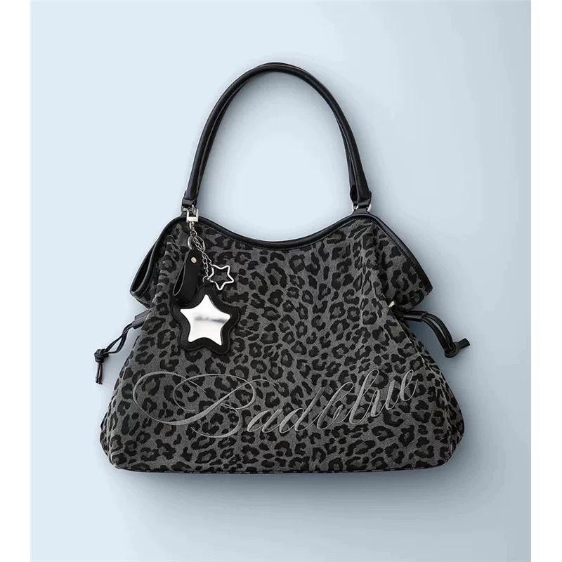 Borsa tote a sacchetto con ricamo stampa leopardo, stile cool dolce millennial, con coulisse, grande capacità, borsa a mano