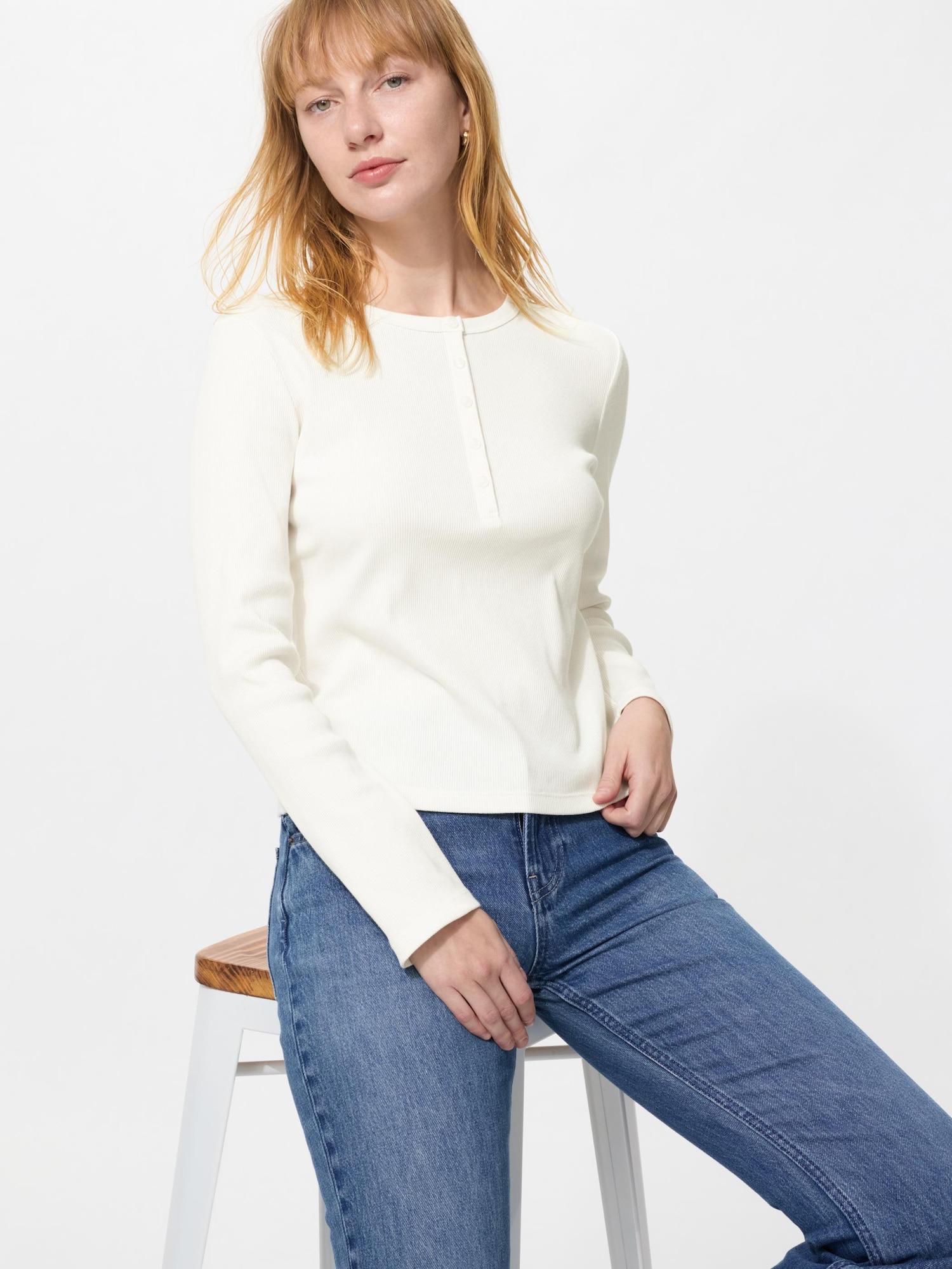 Uniqlo Япония Футболка в рубчик с вырезом хенли 01 OFF WHITE/S