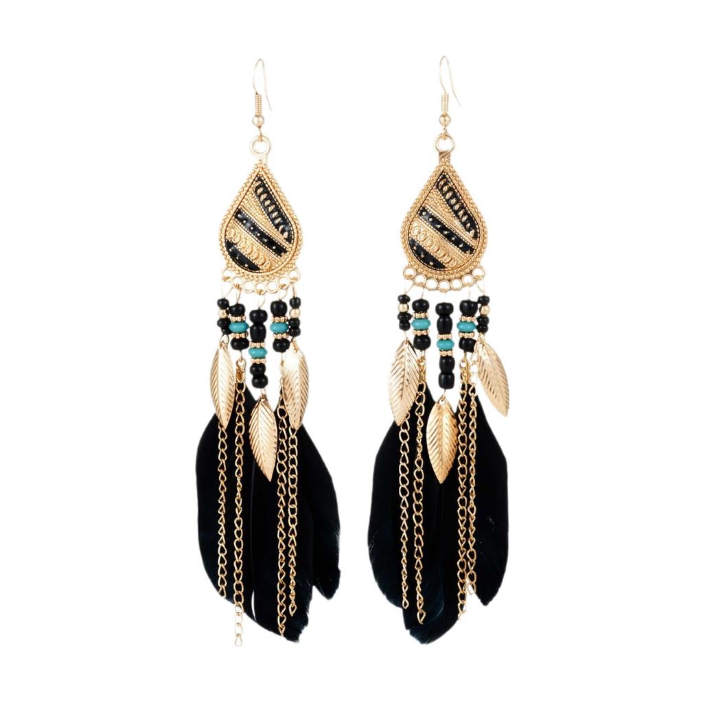 Vintage Bohemian Feather Tassel Earrings Exaggerated Ethnic Vacation Dangle Ear Jewelry Fashion Accessories For Women
