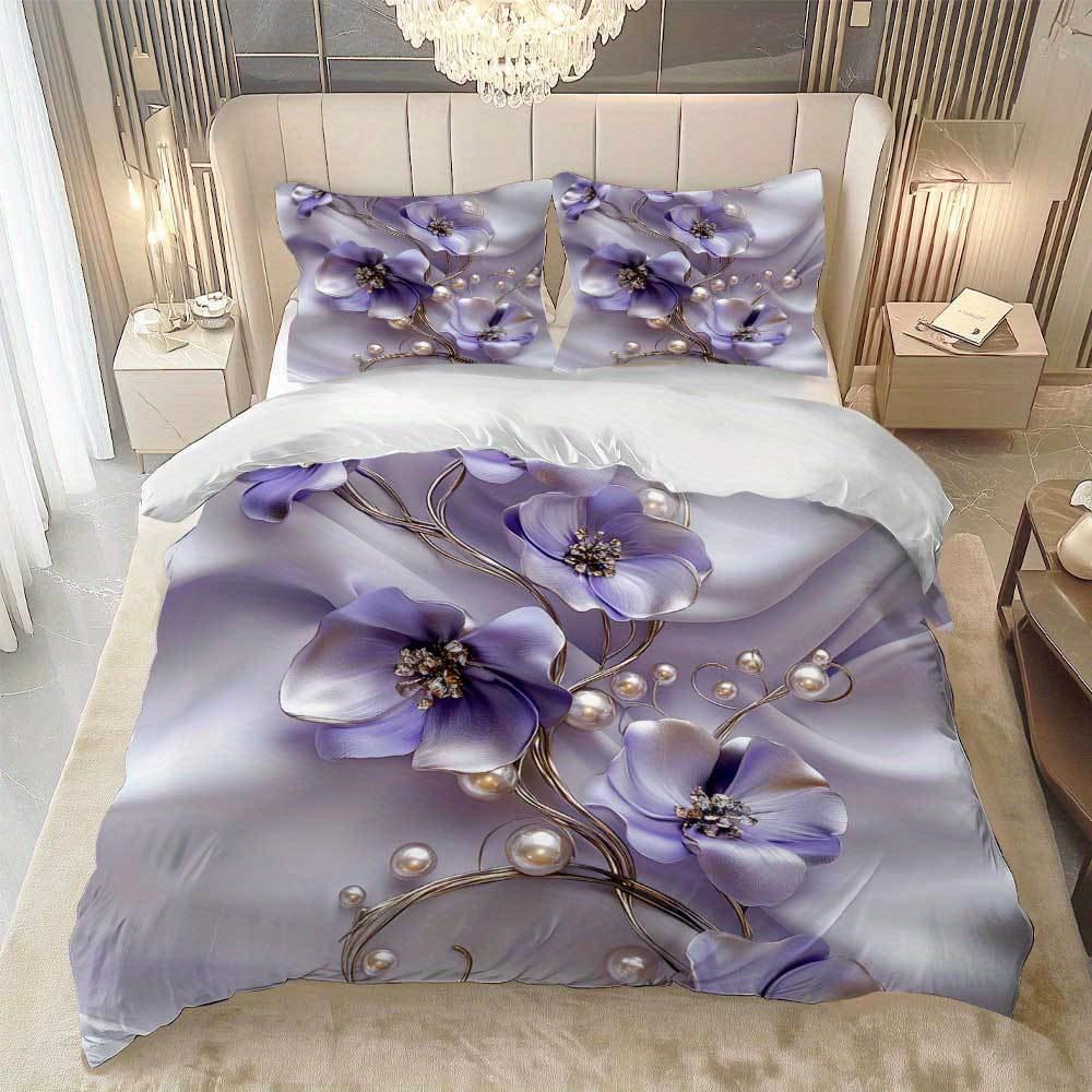 3-teiliges Hellviolettes Bettwäscheset Perlenblumen-Druck Gemütlicher Bettbezug King Queen Twin Größe Geburtstagsgeschenk für Erwachsene Schlafzimmerdeko