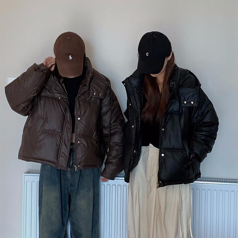 PU leather down cotton jacket women's 2025 autumn/winter short loose slimming thickened bread jacket cotton jacket