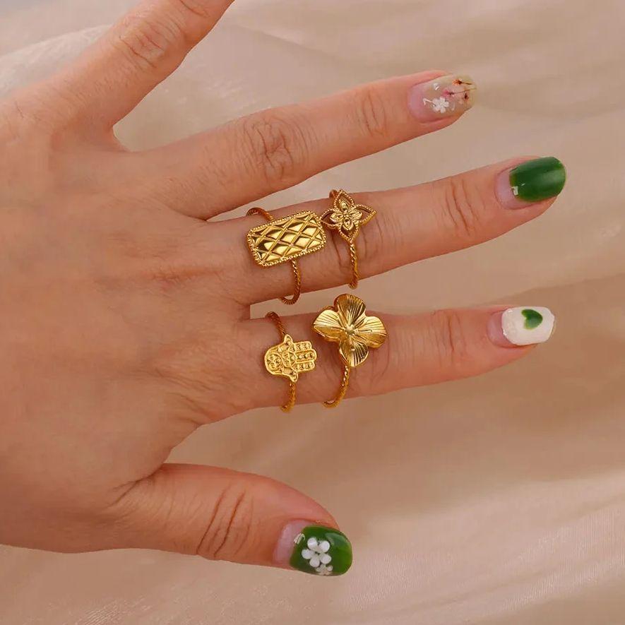 Stainless Steel Evil Eye Sun Rings For Women Gold Color Geometric Flower Ring Aesthetic Wedding Party Fashion Jewerly Gift