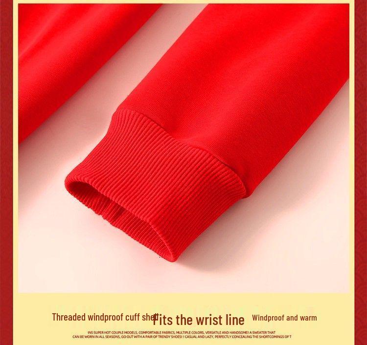 Men's Red Teen Hoodie, Year of the Horse 2026, Velvet-Lined, Autumn/Winter Junior High School Top